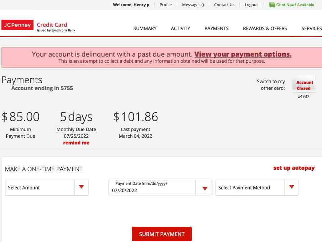 JCP Payment screen looks very similar to JCP Account Summary—first screen.